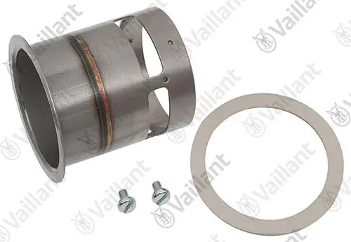 Vaillant Brennerrohr aus Metall mit einem Befestigungsring und Schrauben. Das Rohr hat eine offene Struktur und wird für Heizsysteme verwendet.